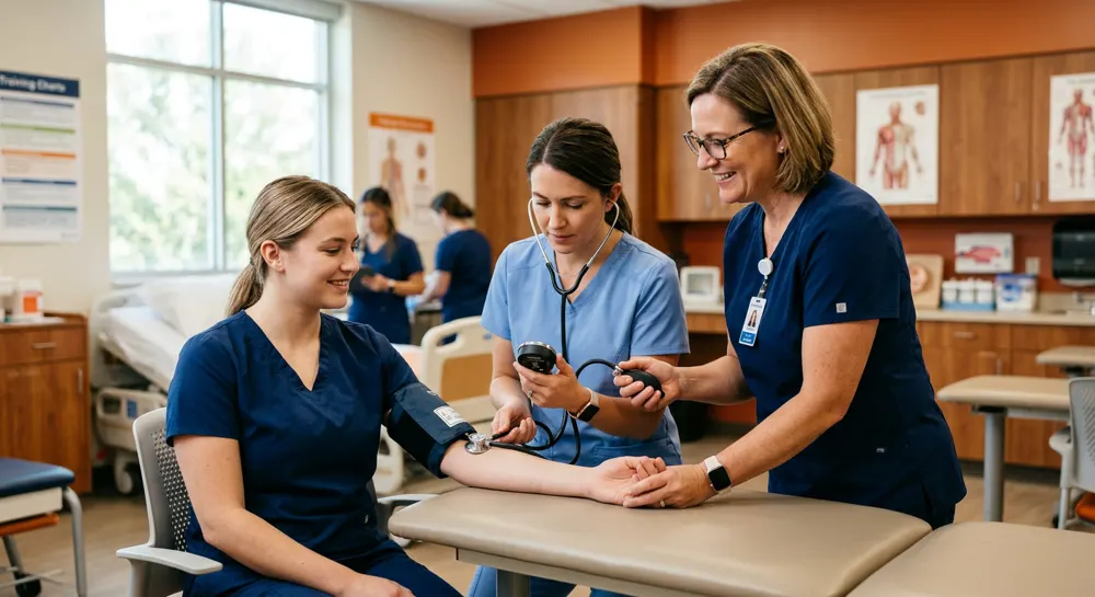 Pathway instructor coaching a CNA student on taking blood pressure