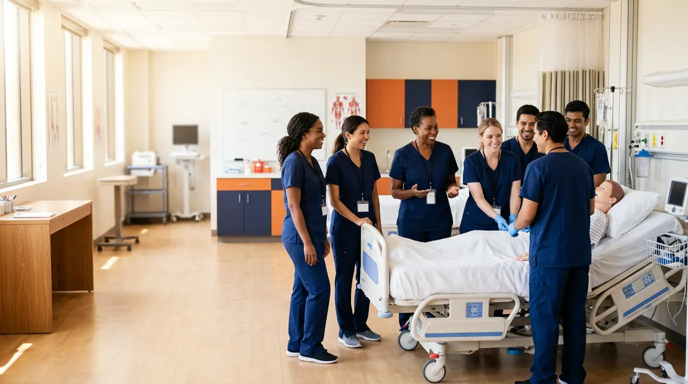 CNA students in navy scrubs training in the Pathway Institute & Manor skills lab in Oklahoma City
